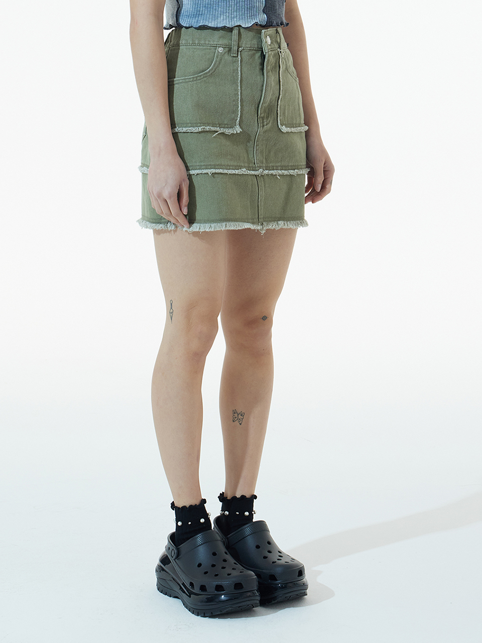 khaki low-cut edge mini skirt