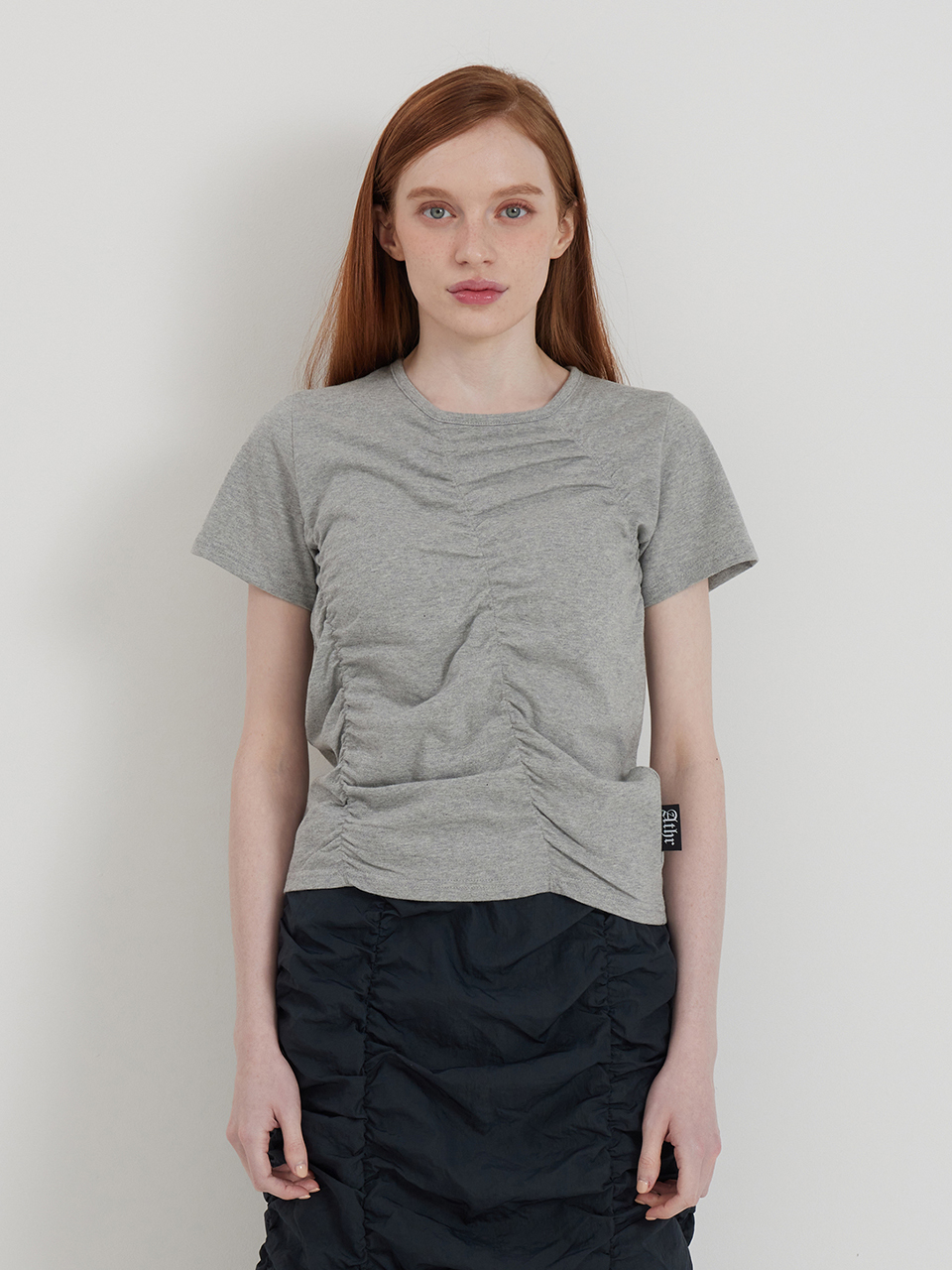 Melange Gray diagonal shirring short-sleeved T-shirt